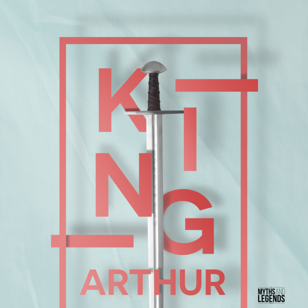 A graphic with a sword in the center, spelling out king in red letters of varying depths around the sword. The word Arthur is at the bottom in red, and it's on a blue paper background.