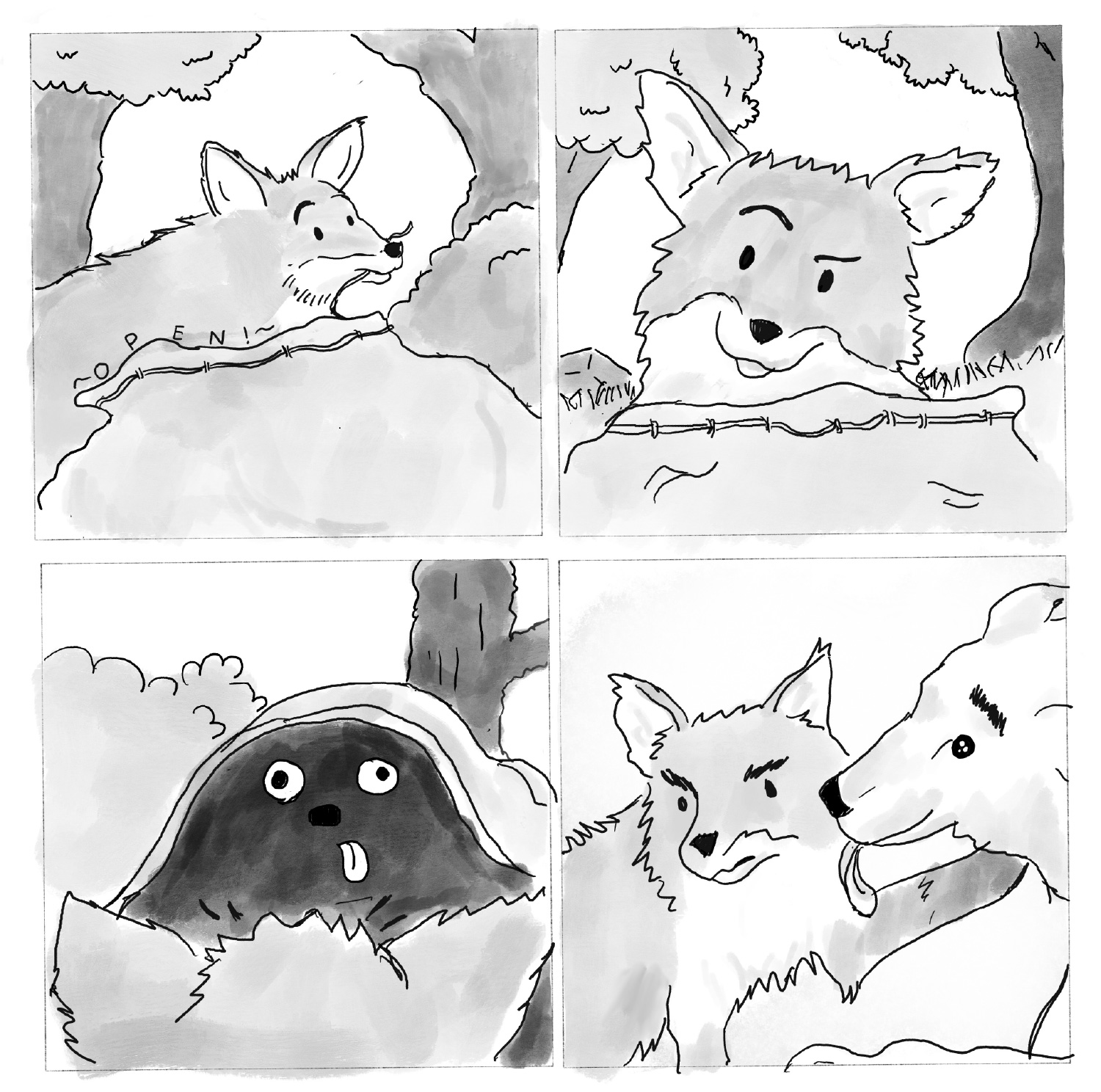 A comic detailing an alternate ending for the first story. In the first panel, a fox opens a bag. Second, he looks in it curiously. Third, eyes stare back at him from the darkness. Fourth, a dog is licking the annoyed fox.