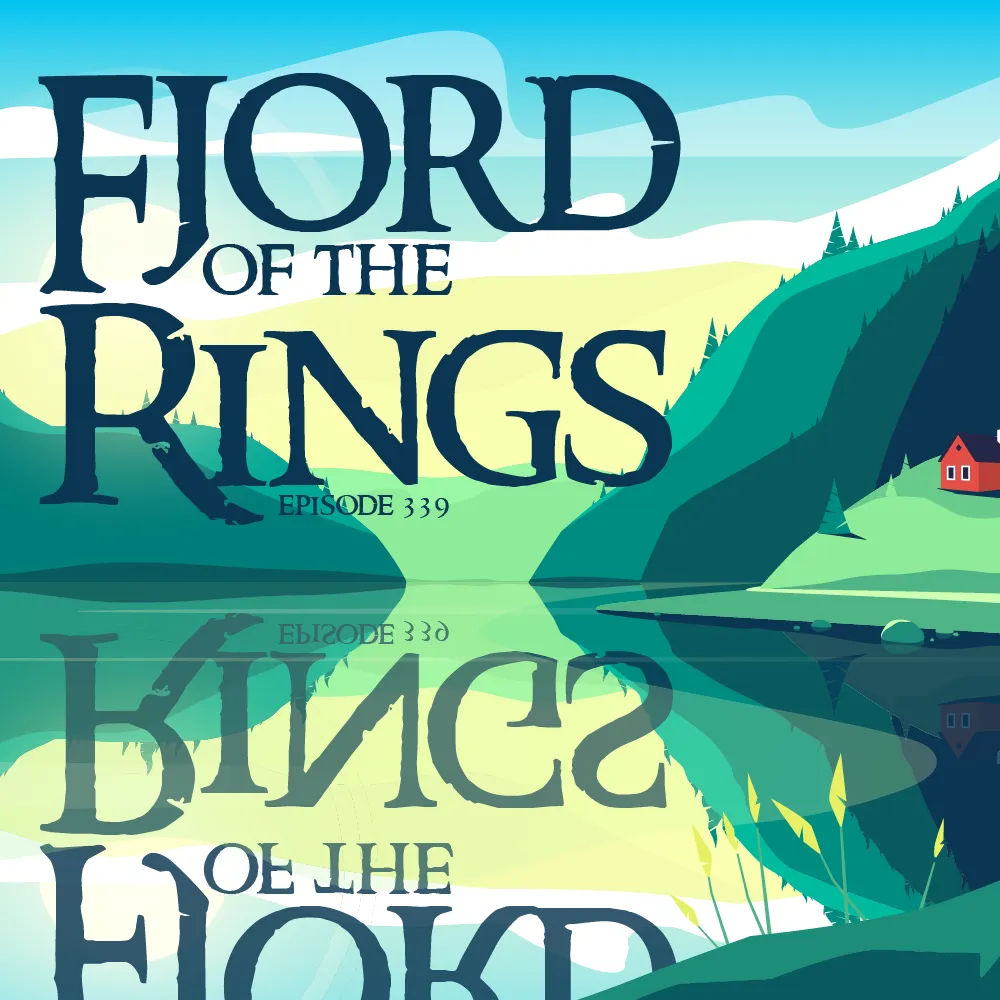 A serene and stylized graphic illustration featuring the words "FJORD OF THE RINGS" in large, bold lettering overlaid on a picturesque scene. The landscape depicts a calm fjord with reflections in the water, surrounded by rolling hills and a forested area. A small red house is visible on one hillside, contributing to the tranquil setting. The bottom half of the image is partially obscured by the reflection of the text in the water, creating a mirror effect with the words becoming more abstract shapes. The color palette is a gradient of cool blues and greens, with a warm yellow glow suggesting sunlight.