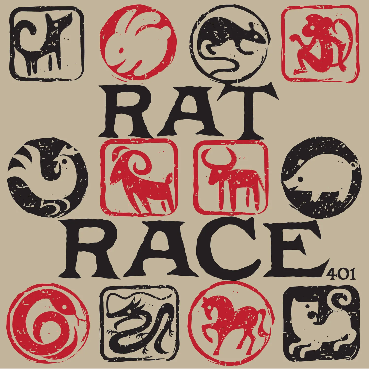 A graphic design featuring a collage of stylized zodiac animal symbols in black and red, arranged in a grid. The central focus includes the bold text "RAT RACE" in a distressed font. The number "401" appears subtly in the lower right corner, referencing a podcast episode number. The artwork combines traditional Chinese zodiac motifs with a modern aesthetic, symbolizing themes of competition and cycles.